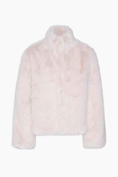 Ecru korte jas van Vero Moda, van zachte imitatiebont met een opstaande kraag.