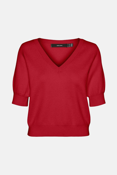 Rode V-kragen trui van VERO MODA, met opgevouwen korte mouwen en gareelde rand.