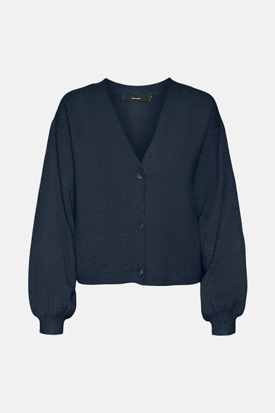 Cardigan bleu de VERO MODA avec manches ballon, boutonné et en maille texturée.