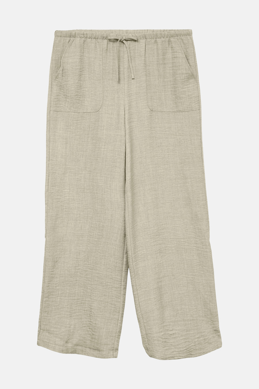 Pantalon coloré beige de VERO MODA, avec une texture froissée, une taille élastique et des poches.