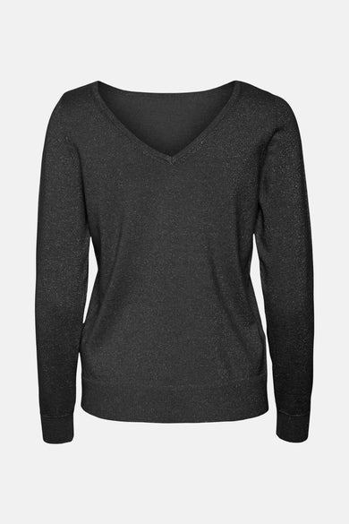 Zwarte V-neck trui van VERO MODA, gemaakt van fijne schitterende trle, met lange mouwen en een klassieke pasvorm.