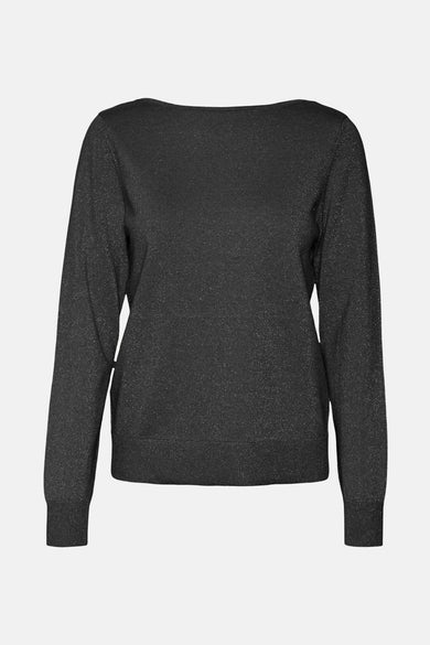 Pull col en V noir de VERO MODA, en maille fine scintillante, à manches longues et coupe classique.