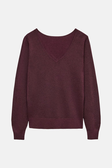 Mauve trui met V-hals van VERO MODA, in fijne glanzende breinaard.