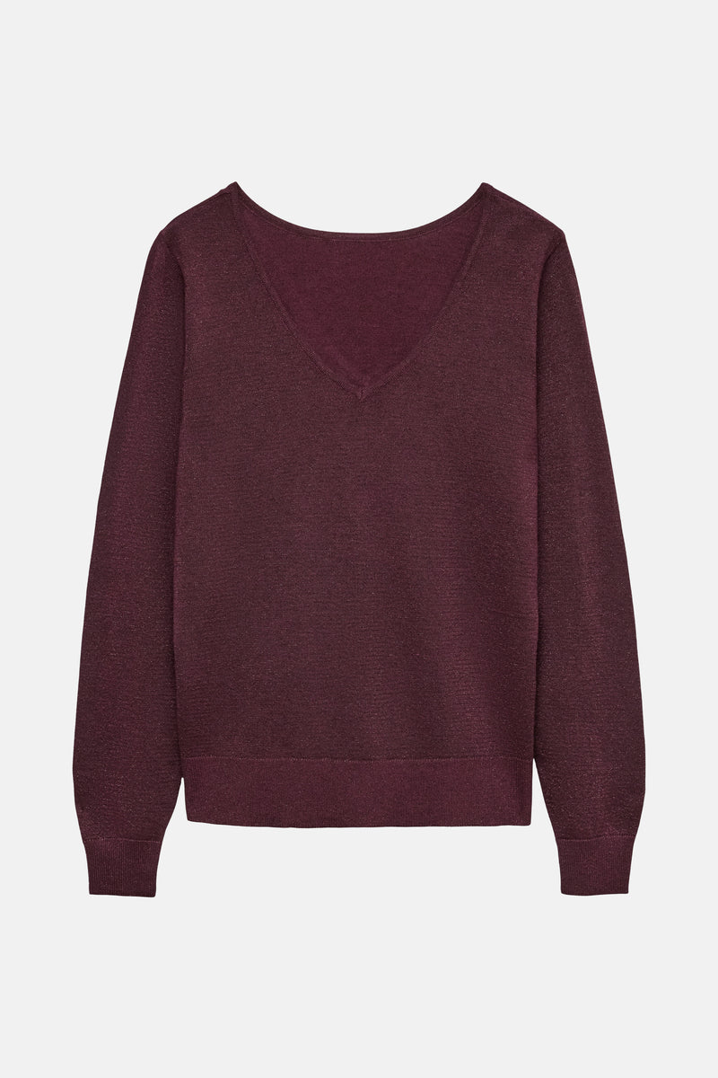 Mauve trui met V-hals van VERO MODA, in fijne glanzende breinaard.