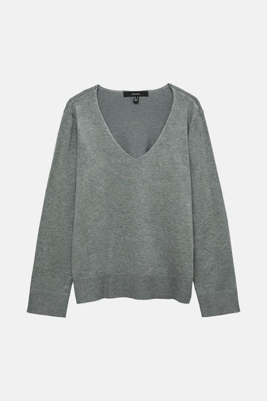 Pull à col en V gris de VERO MODA, en maille fine.