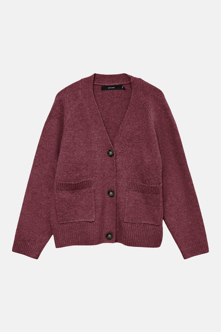 Cardigan bordeaux en maille texturée par VERO MODA® avec boutons foncés et poches avant, vue de face