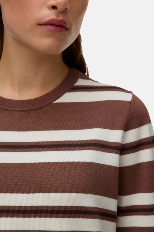 Cocoa brown and cream striped crewneck sweater with ribbed neckline, close-up front view