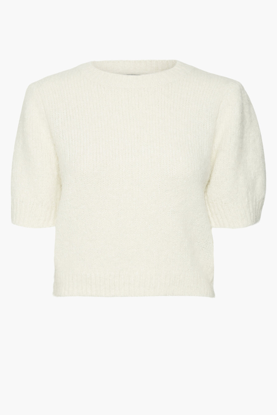 Pull à col rond écru de Vero Moda, à manches courtes bouffantes et texture douce.
