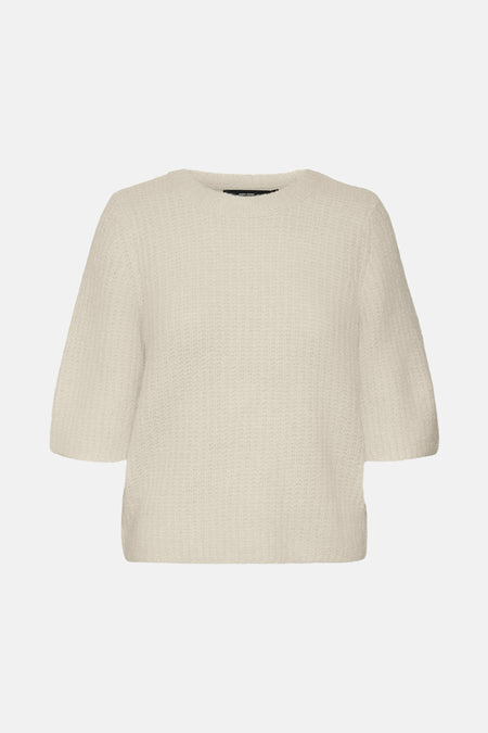 Ecru trui met ronde hals van VERO MODA, in een getextureerd breisel met korte mouwen.