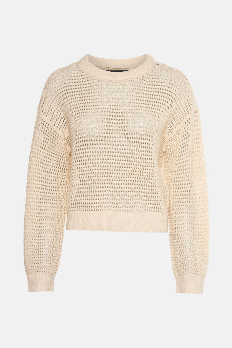 Pull écru à col rond de VERO MODA, en maille ajourée avec des manches longues et des finitions côtelées.