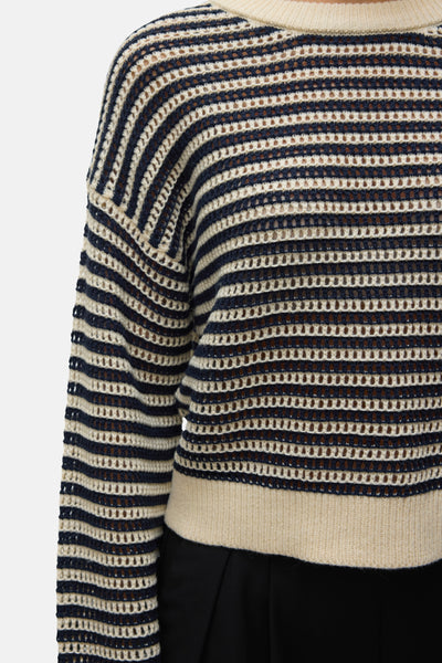 Pull écru à col rond par VERO MODA, rayures bleu marine ajourées, porté avec un pantalon noir.