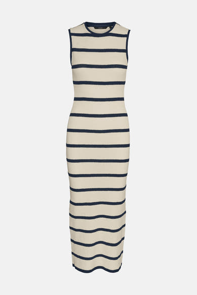 Gestreept gebreid jurkje, zwart en beige van VERO MODA®, aansluitende pasvorm, midi-lengte.