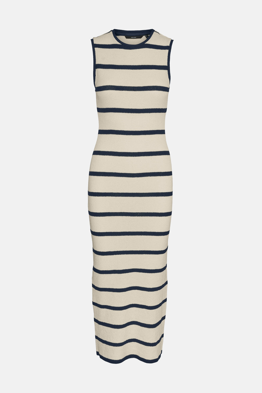 Gestreept gebreid jurkje, zwart en beige van VERO MODA®, aansluitende pasvorm, midi-lengte.