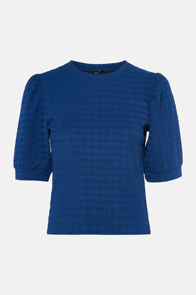 T-shirt bleu à manches courtes texturé par VERO MODA® avec détails froncés aux épaules, vue de face