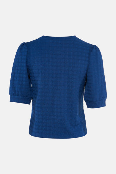 T-shirt bleu à manches courtes texturé par VERO MODA®, vue arrière, coupe ajustée avec détails bouffants aux épaules