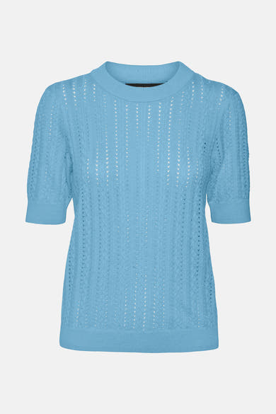 Blauwe trui met ronde hals van VERO MODA, in een opengebreide ruitpatroon.