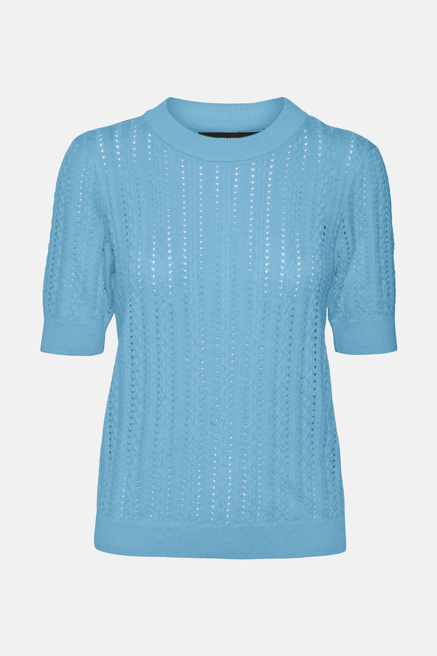 Blauwe trui met ronde hals van VERO MODA, in een opengebreide ruitpatroon.
