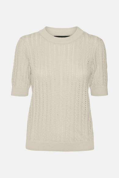 Ecru ronde hals trui van VERO MODA met ajour textuur, korte mouwen en een klassieke pasvorm.