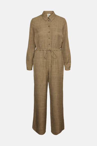 Bruin pak van VERO MODA, van getextureerde stof, met een strikceintuur en lange mouwen.