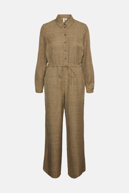 Bruin pak van VERO MODA, van getextureerde stof, met een strikceintuur en lange mouwen.