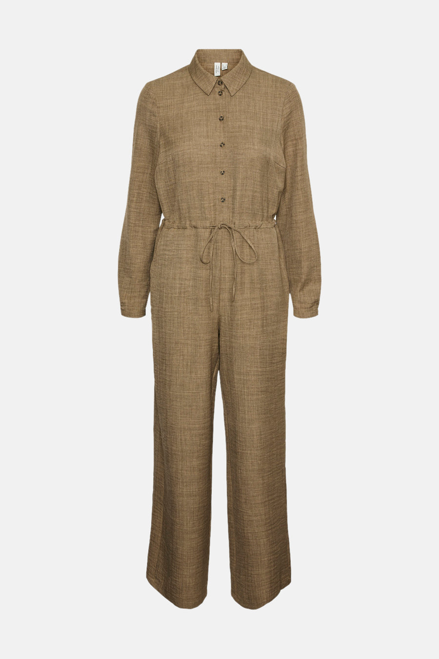 Bruin pak van VERO MODA, van getextureerde stof, met een strikceintuur en lange mouwen.