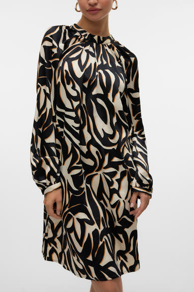Multikleurenjurk van VERO MODA® met een zwart en beige abstract patroon.