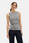 Blauw gestreept mouwloos topje van VERO MODA, gedragen met een donkerblauwe jeans, achterzicht.