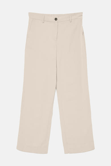 Ecru broek van VERO MODA, wijde pasvorm met zijzakken op een witte achtergrond.