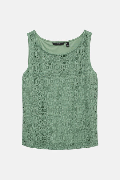 Groen mouwloos topje van VERO MODA met cirkelvormig ajourpatroon.