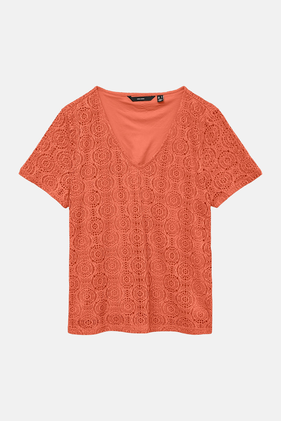 T-shirt orange de VERO MODA en dentelle crochetée avec col en V et manches courtes.