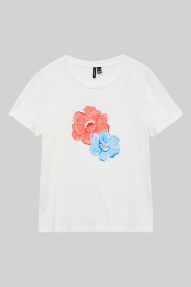 Wit T-shirt met korte mouwen van VERO MODA, versierd met rode en blauwe bloemenmotieven met kralen.