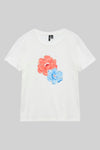 Wit T-shirt met korte mouwen van VERO MODA, versierd met rode en blauwe bloemenmotieven met kralen.
