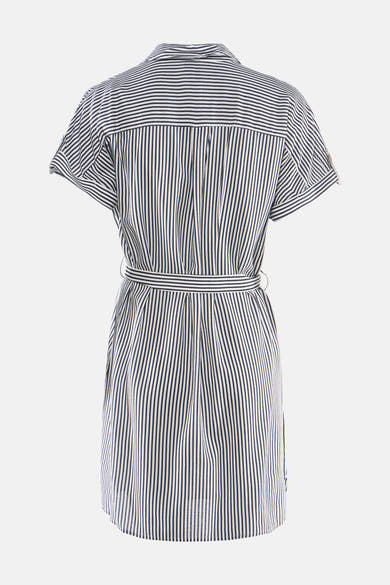 Robe rayée noire et blanche de VERO MODA®, style chemise, vue de dos et ceinturée.