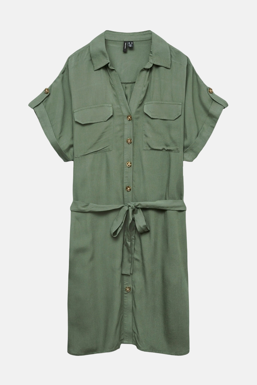 Robe kaki à manches courtes de VERO MODA, avec ceinture nouée et poches à rabat.