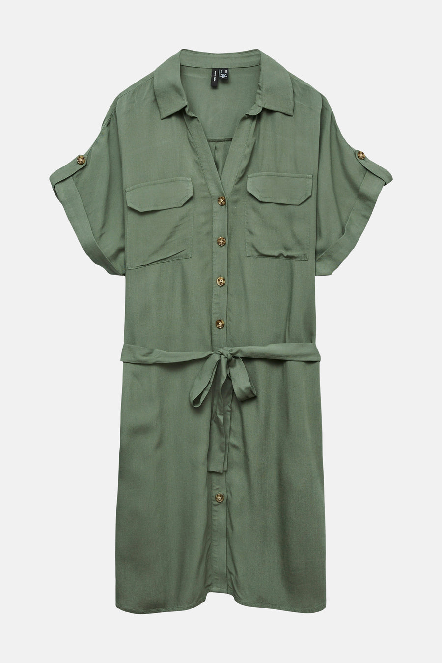 Robe kaki à manches courtes par VERO MODA, avec ceinture nouée et poches poitrine.