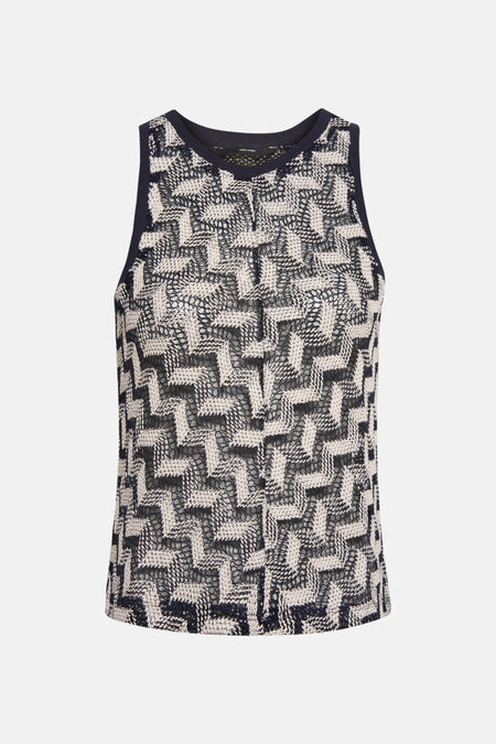 Blouse zonder mouwen van Vero Moda, blauw, met geometrisch ajourpatroon.