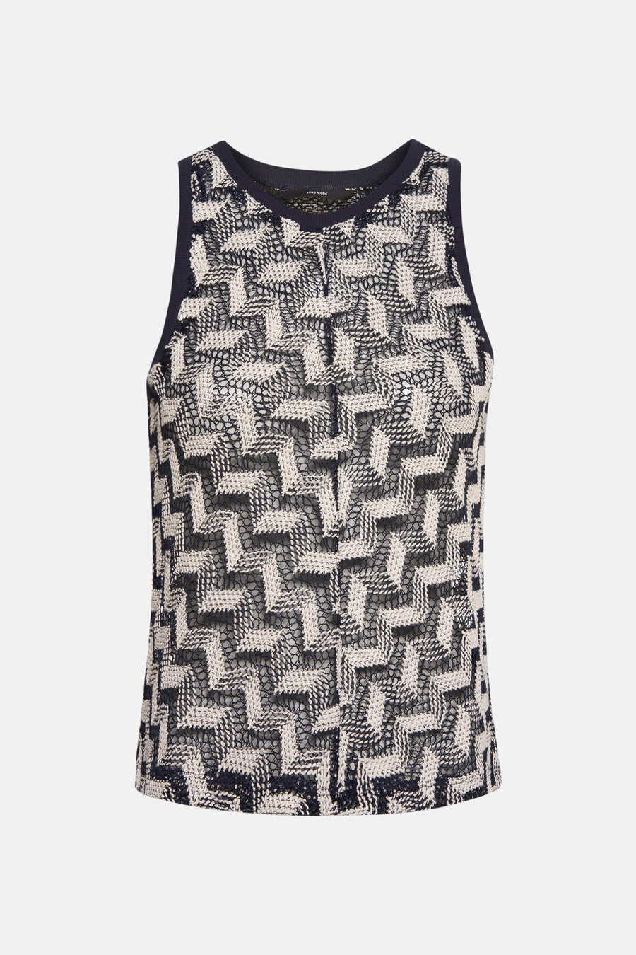 Blouse bleue sans manches de Vero Moda, motif géométrique ajouré.
