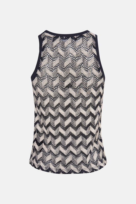 Blouse zonder mouwen, blauw, van VERO MODA®, met zwart-wit chevronpatroon, in opengebreid breiwerk.