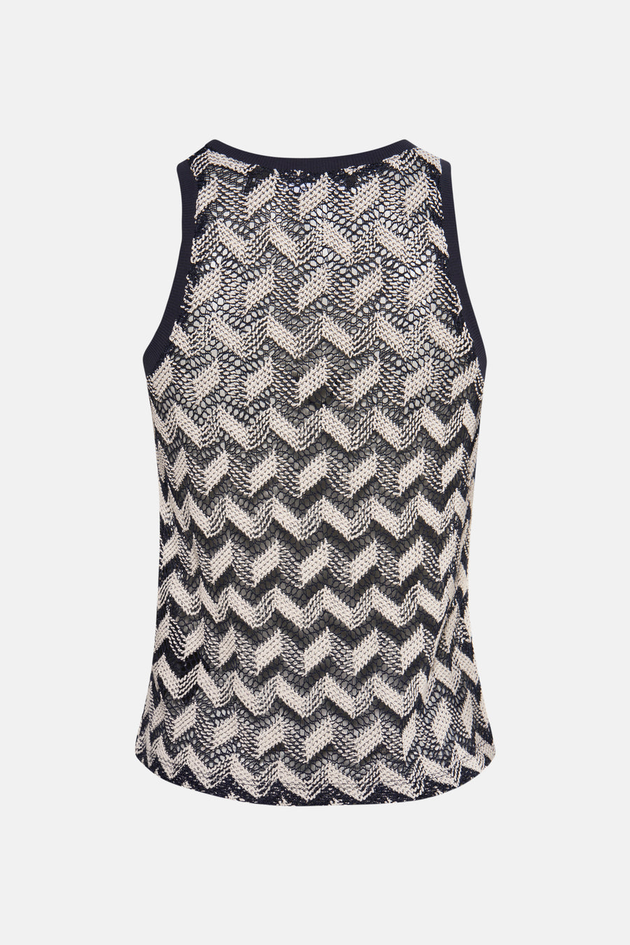 Blouse sans manches bleue de VERO MODA®, à motif chevron noir et blanc, en maille ajourée.