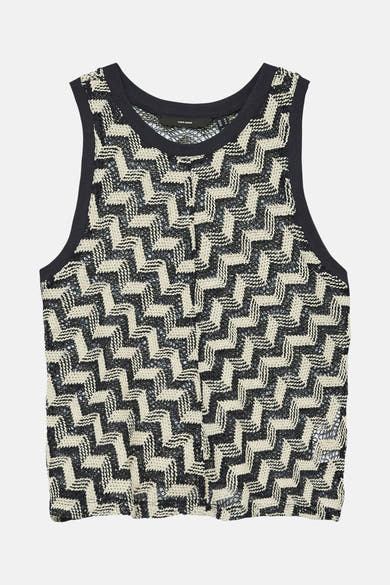 Blouse sans manches bleue de VERO MODA avec un motif zigzag noir et beige.
