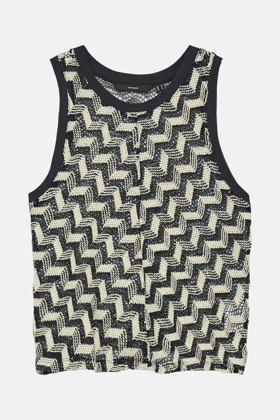 Blouse sans manches bleue de VERO MODA avec un motif zigzag noir et beige.
