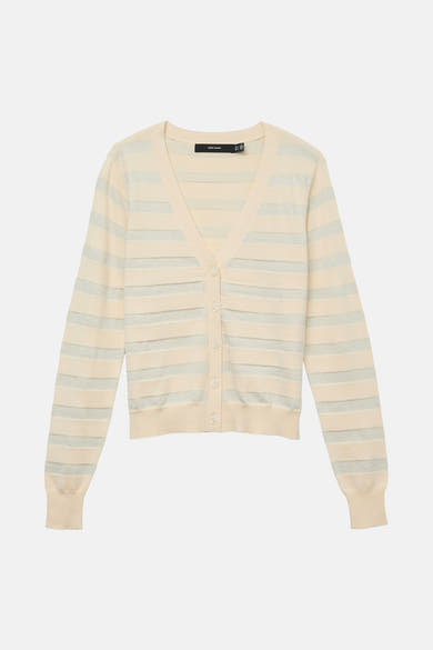 Cardigan beige en maille par VERO MODA, à rayures horizontales argentées et fermeture boutonnée.
