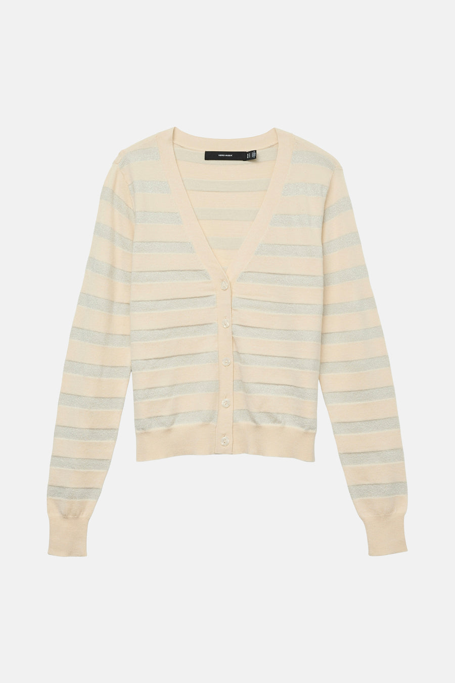 Cardigan beige en maille par VERO MODA, à rayures horizontales argentées et fermeture boutonnée.
