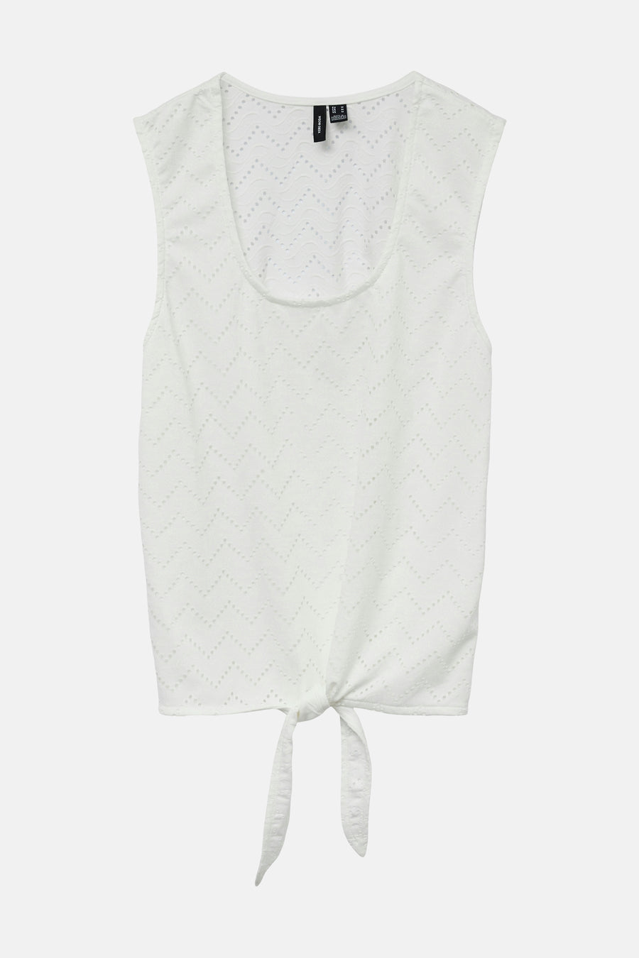 Blouse blanche sans manches de VERO MODA, à motif ajouré avec détail de nœud.
