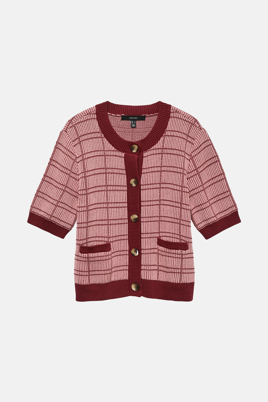 Rode trui met ronde hals van VERO MODA, geruit patroon, korte mouwen en opgestikte zakken.
