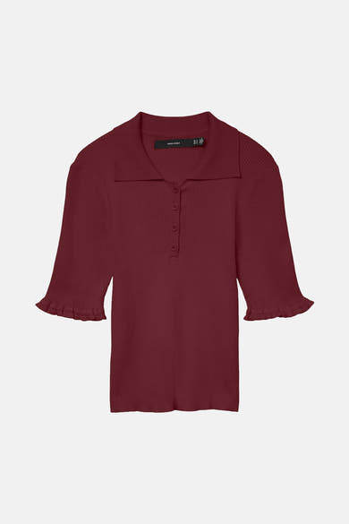 Polo bordeaux à manches courtes de VERO MODA, avec patte de boutonnage et ourlet volanté.