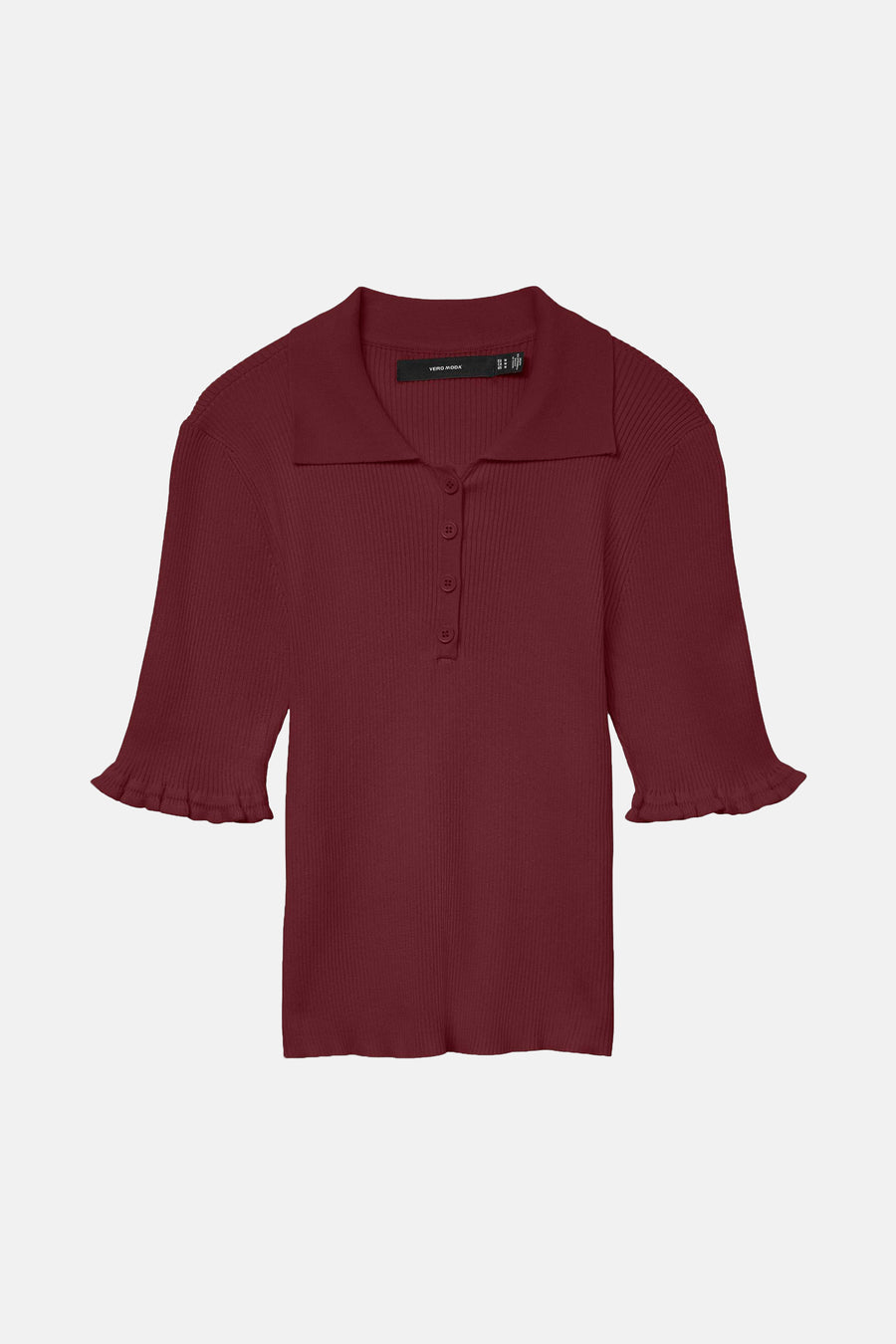Polo bordeaux à manches courtes de VERO MODA, avec patte de boutonnage et ourlet volanté.