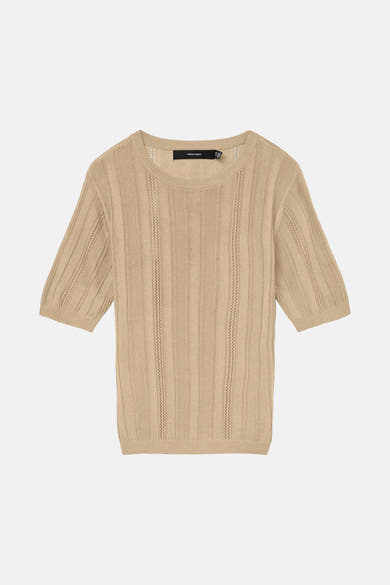 Pull à col rond vert de VERO MODA avec des détails ajourés verticaux et des manches courtes.