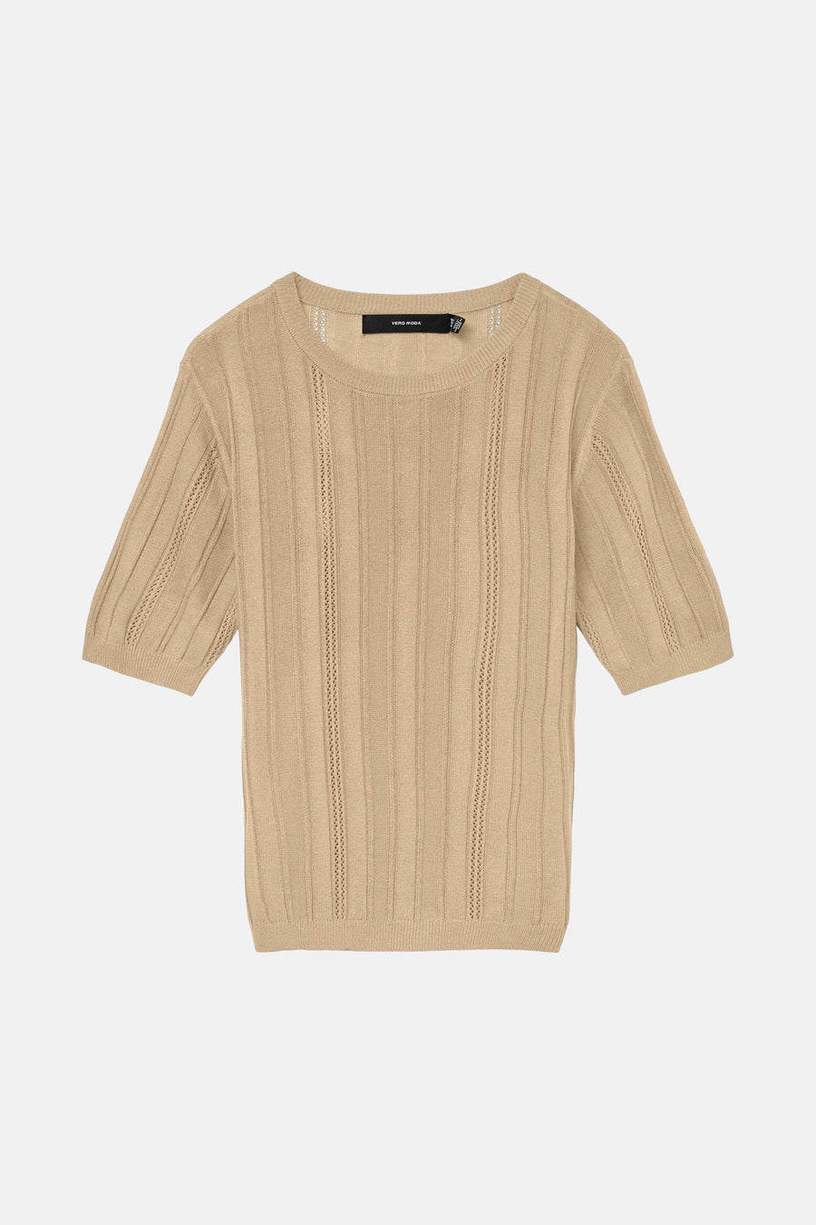 Pull à col rond vert de VERO MODA avec des détails ajourés verticaux et des manches courtes.