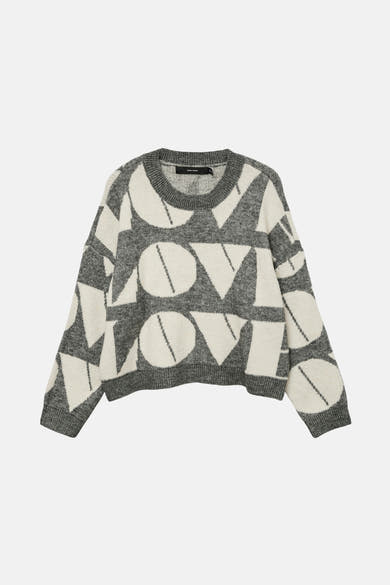 Grijze rondehals trui van Vero Moda met zwart-witte grafische patronen.